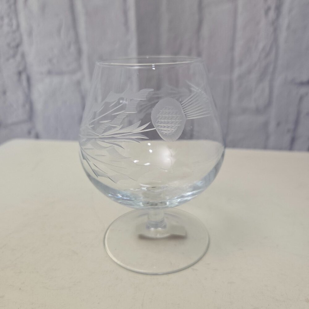 Vintage Hand Etched Scottish Thistle Crystal Brandy Glass